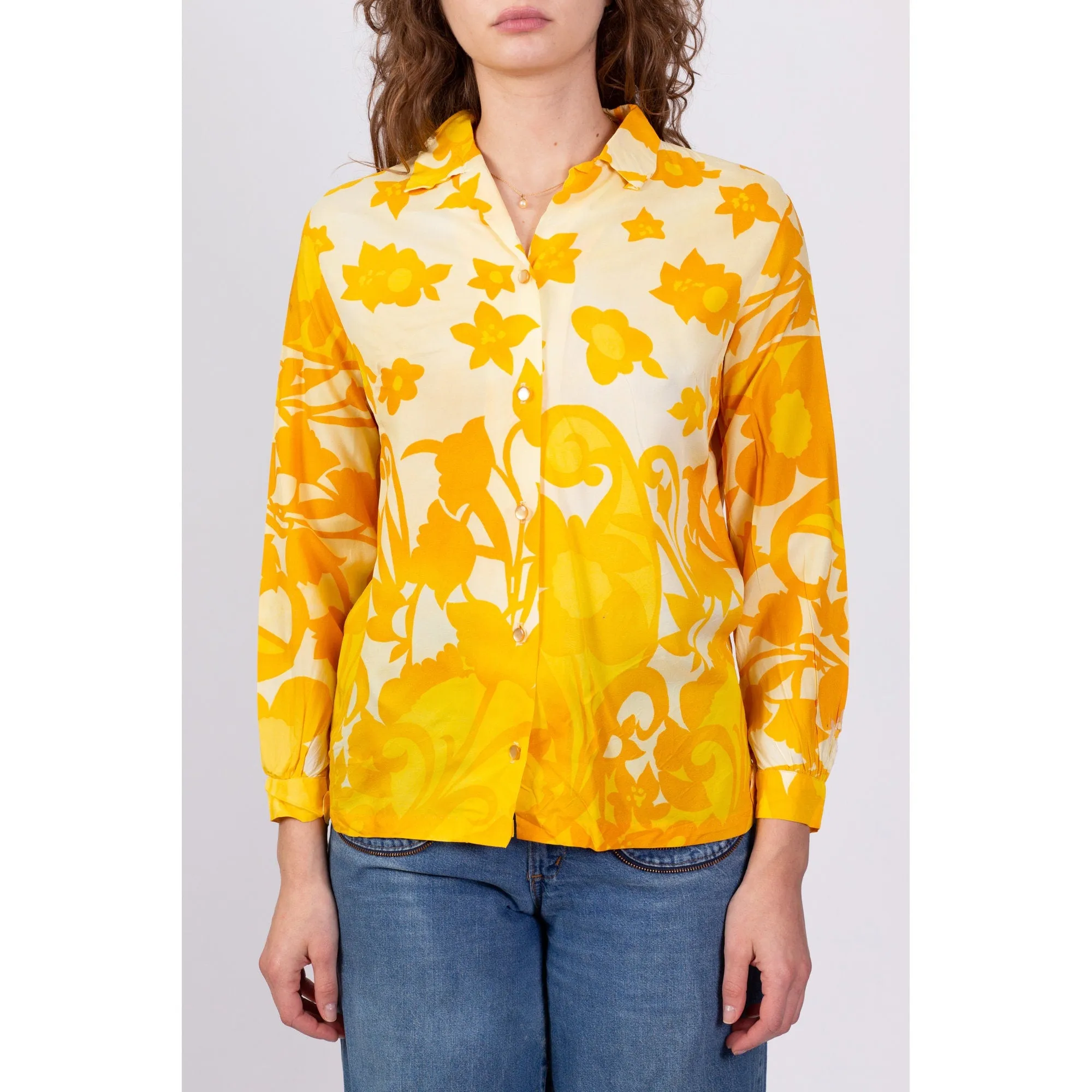 60s Yellow Floral Paisley Print Button Up Top - Small
