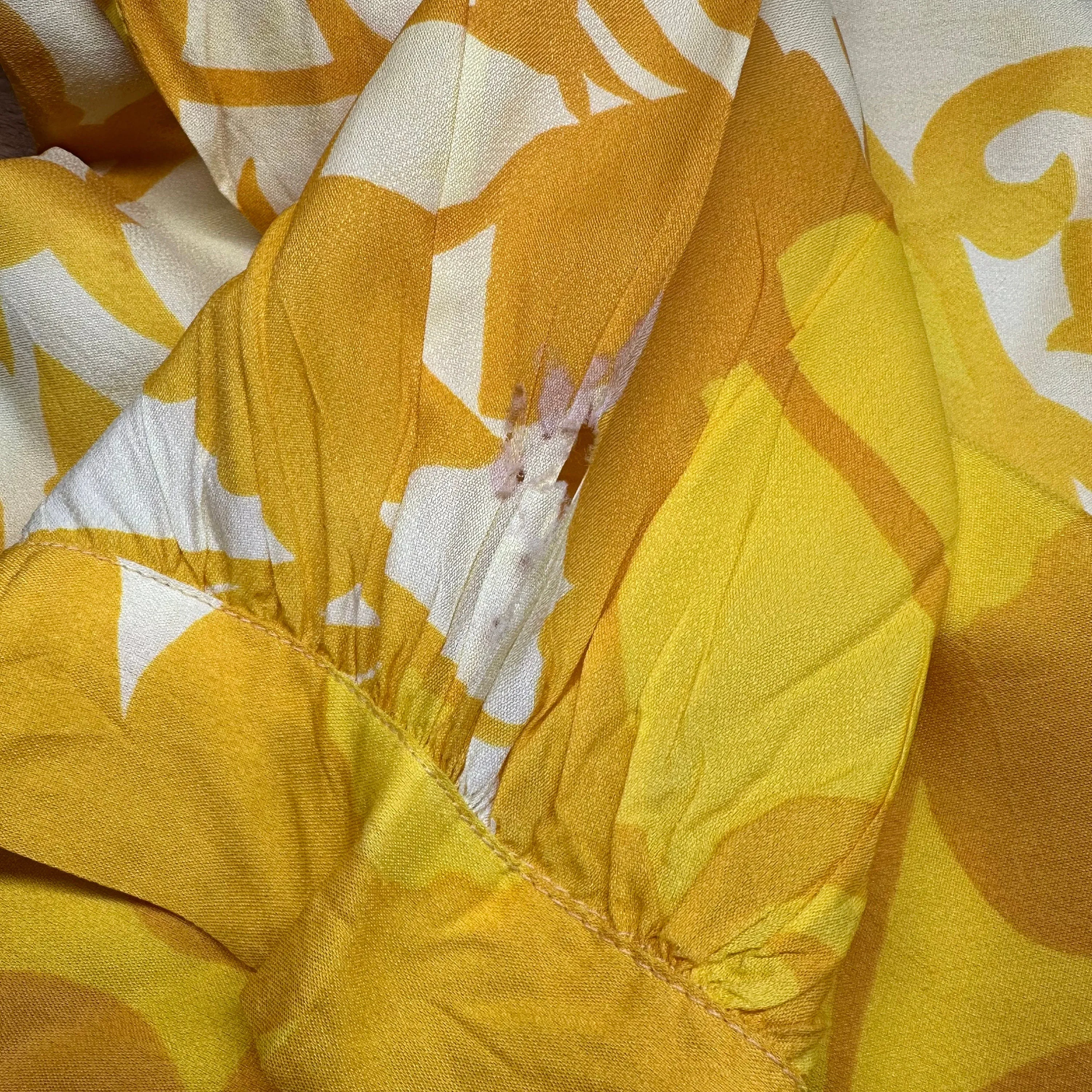 60s Yellow Floral Paisley Print Button Up Top - Small
