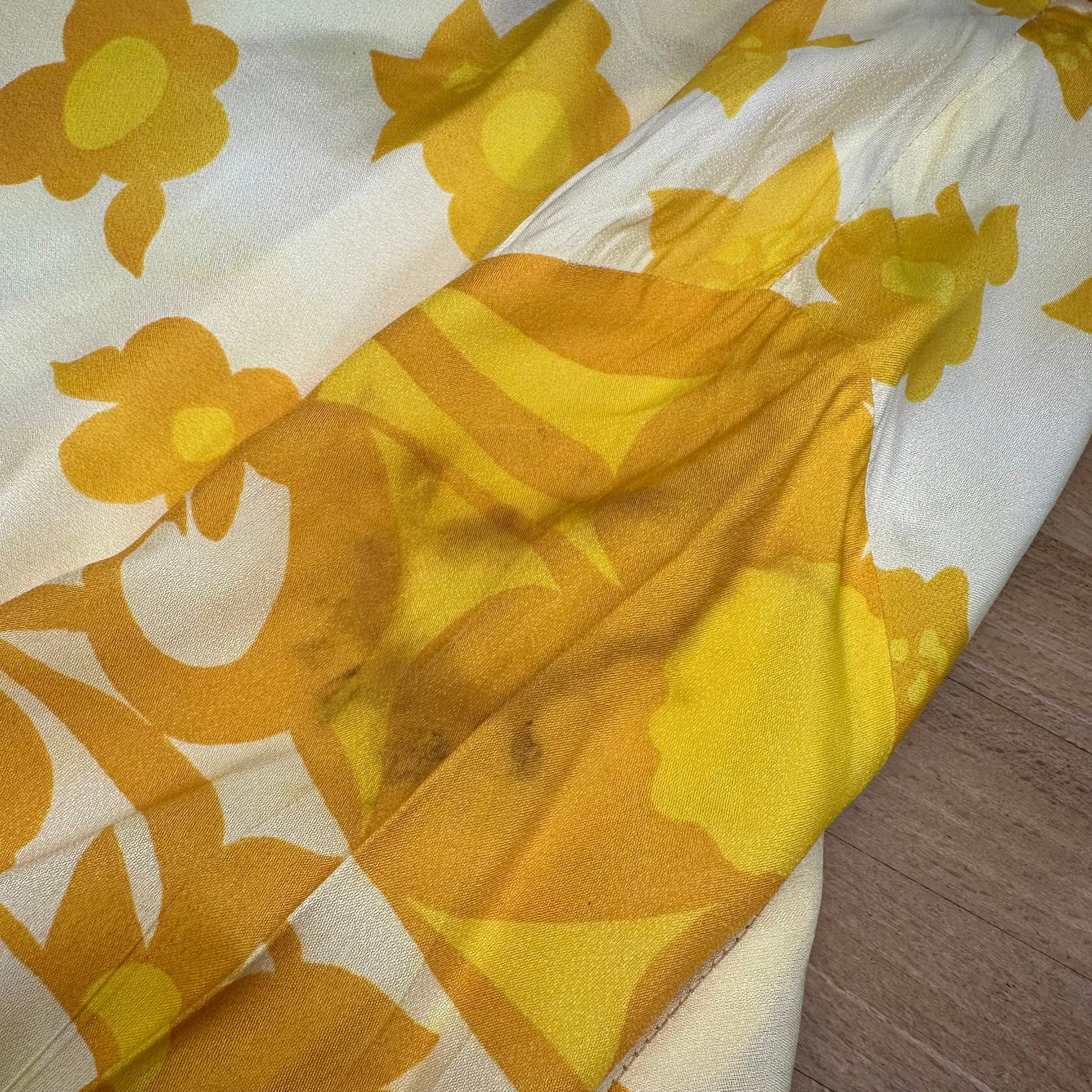 60s Yellow Floral Paisley Print Button Up Top - Small