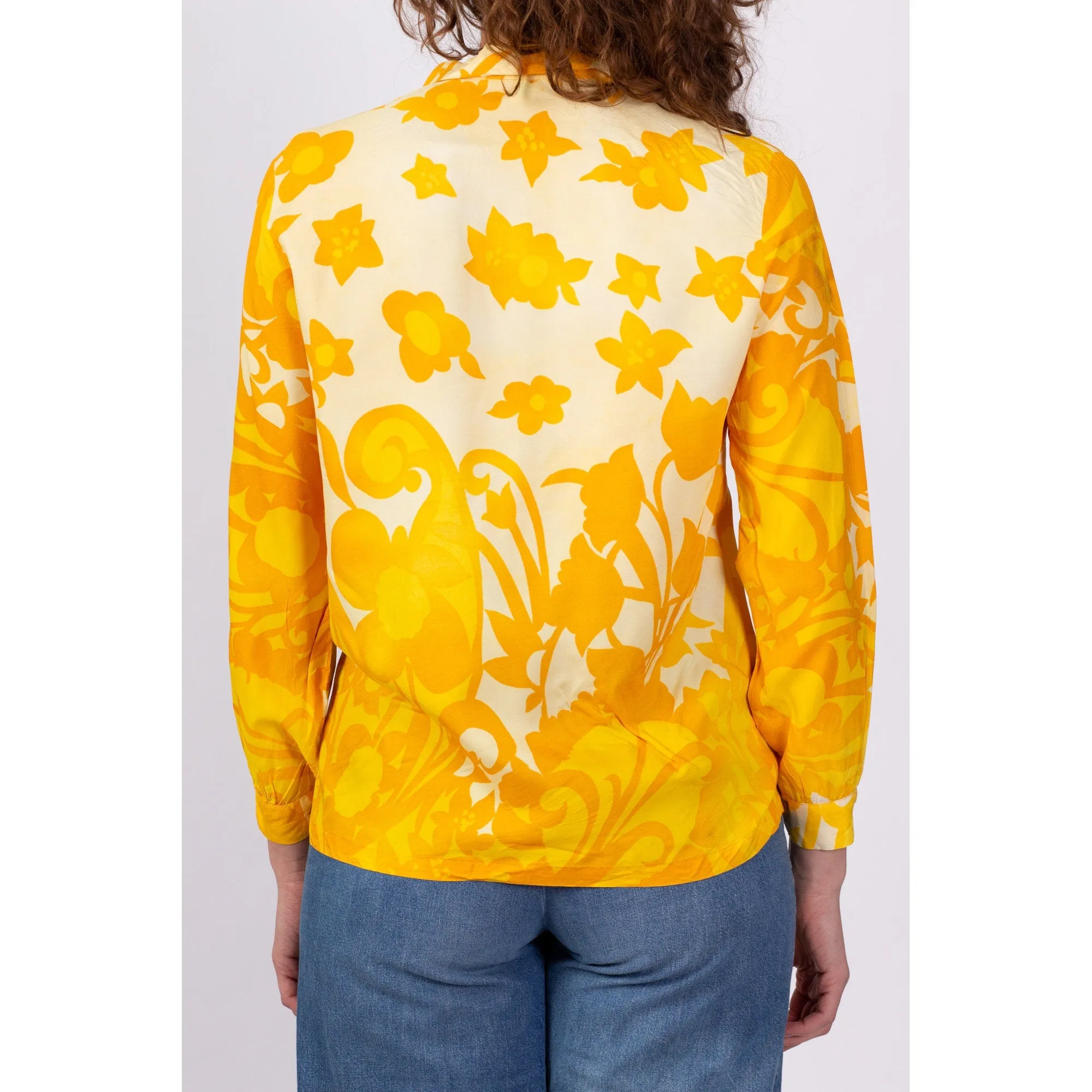 60s Yellow Floral Paisley Print Button Up Top - Small