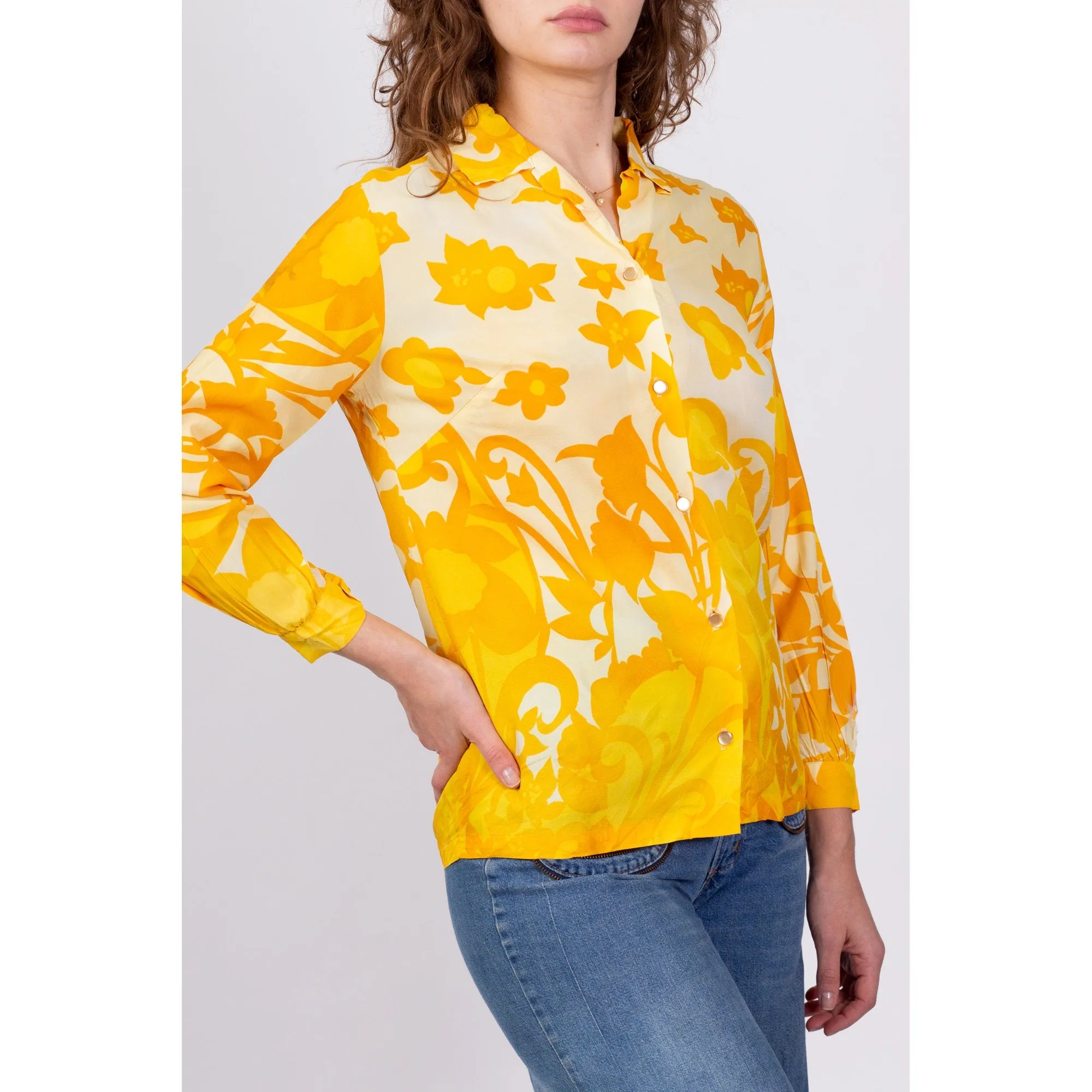 60s Yellow Floral Paisley Print Button Up Top - Small