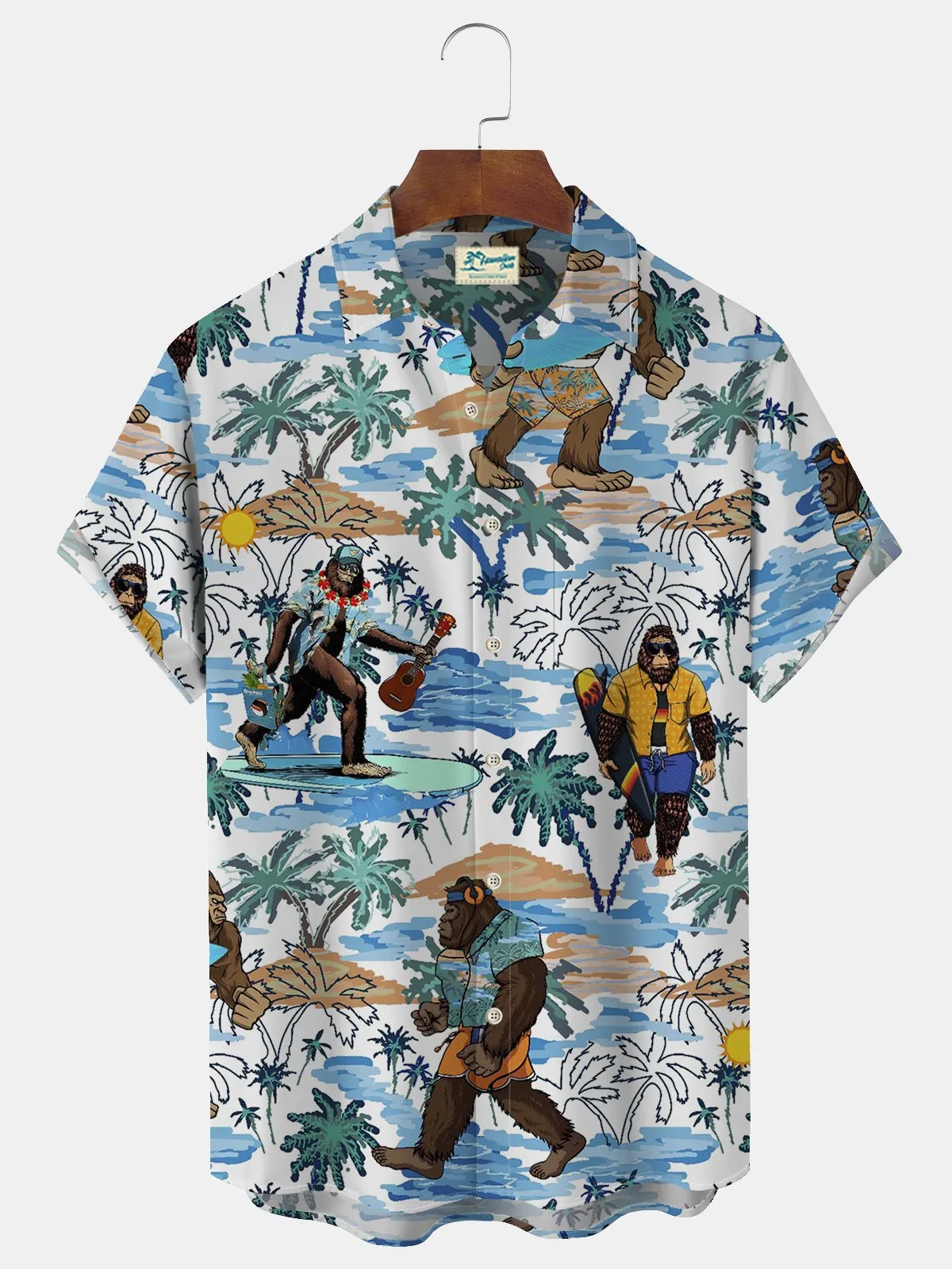 Alohadaddy Beach Holiday Men's Blue Hawaiian Shirts Coconut Bigfoot Wrinkle Free Seersucker Aloha Camp Pocket Shirts