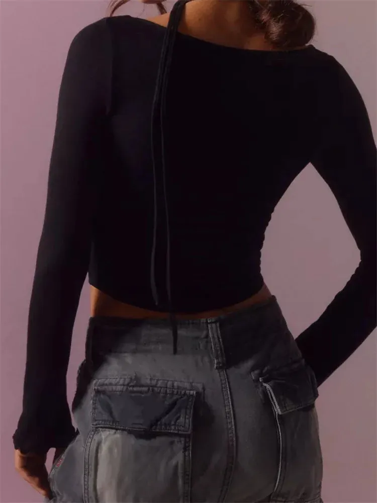 FashionSierra - 2024 V-neck Casual Long Sleeve Spring Autumn Solid Slim Fit Pullovers Female Streetwear Base Tops Tee