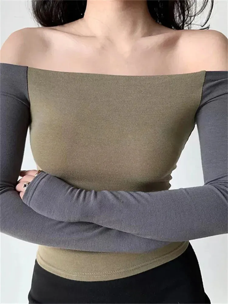 FashionSierra - 90s Retro Patchwork Chic Slash Neck Off Shoulder Long Sleeve Slim Fit Streetwear Tee