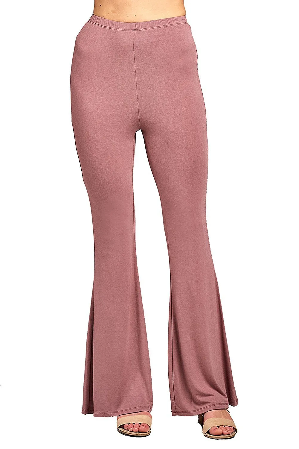 Khanomak Elastic Waist Bell Bottom Stretch Flared Solid Long Wide Leg Legging Pants