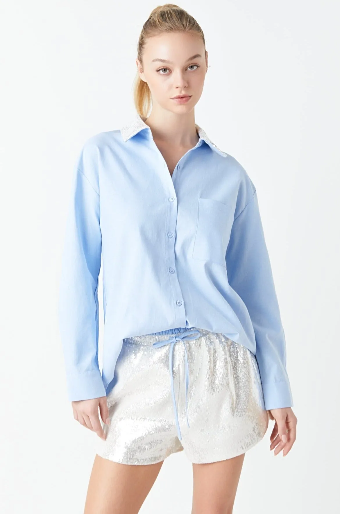 Oversized Oxford Shirt with Sequin Collar