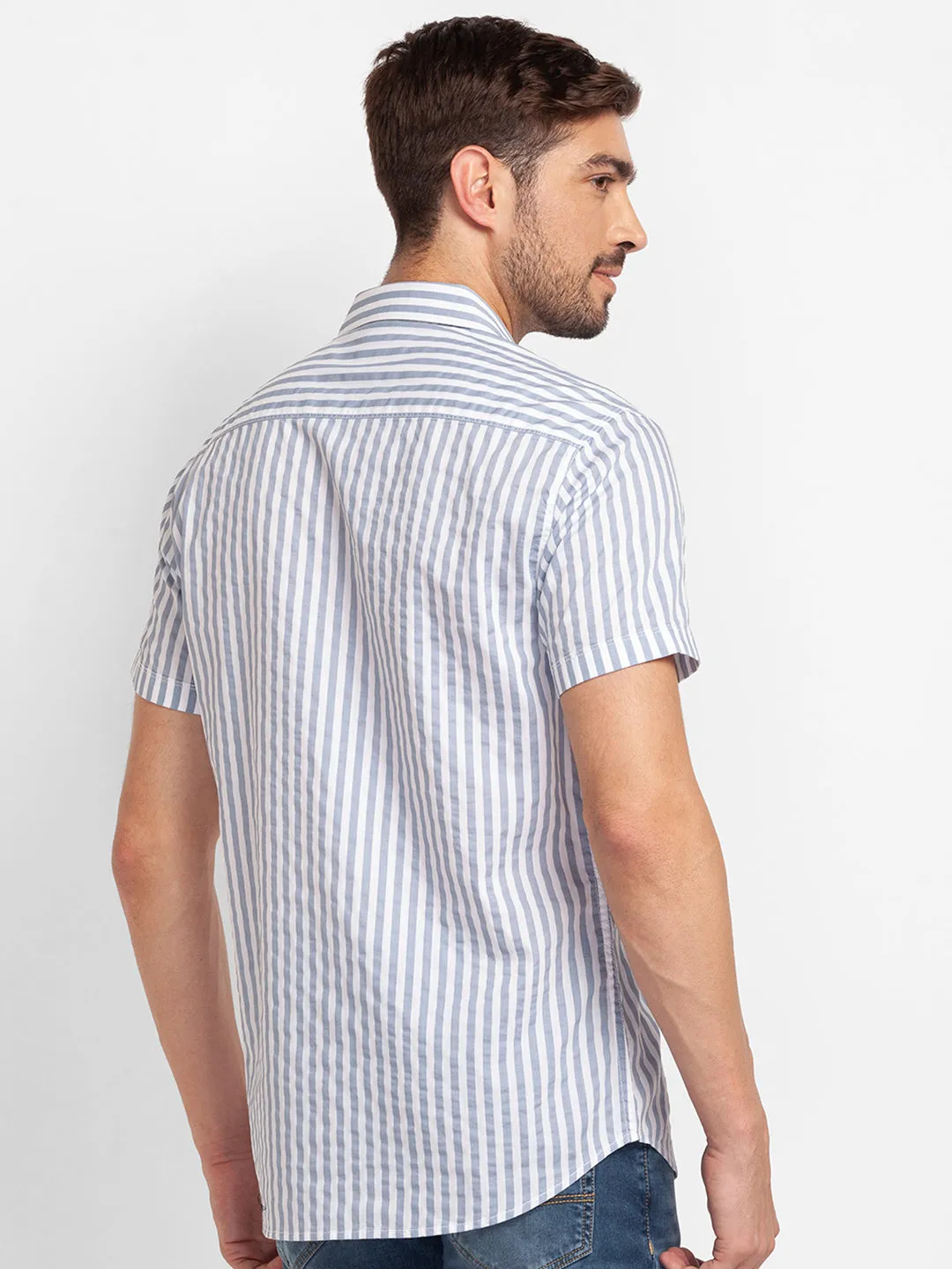 Spykar Silver Grey Cotton Half Sleeve Stripes Shirt For Men