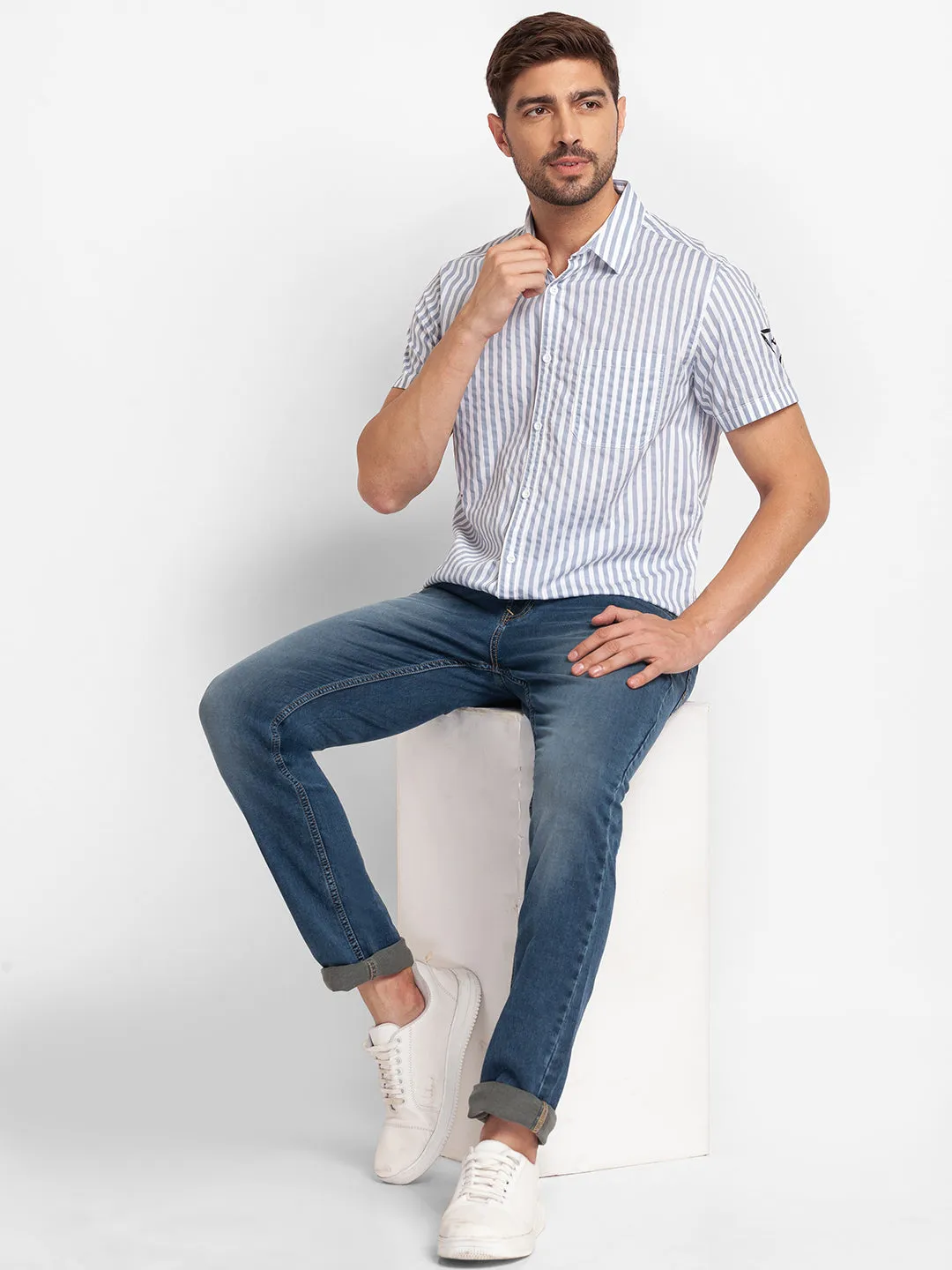 Spykar Silver Grey Cotton Half Sleeve Stripes Shirt For Men