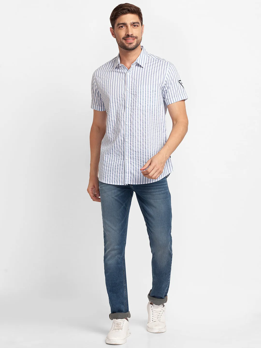 Spykar Silver Grey Cotton Half Sleeve Stripes Shirt For Men