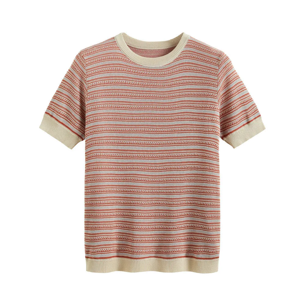 V-Neck Striped Short Sleeve Thin Sweater Women Korean Round-Neck Trendy Color-Matching T-Shirt Tops T-Shirt